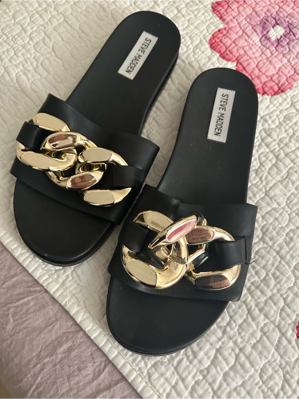 Steve Madden Black Slide Sandals with Gold Chain